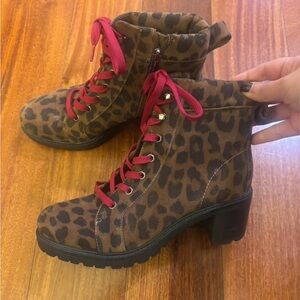 Vince Camuto Brown Leopard Lace-Up Boots with Red Accents